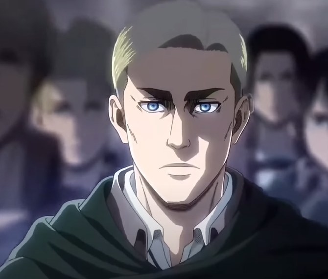 Erwin standing up with his soldiers behind him