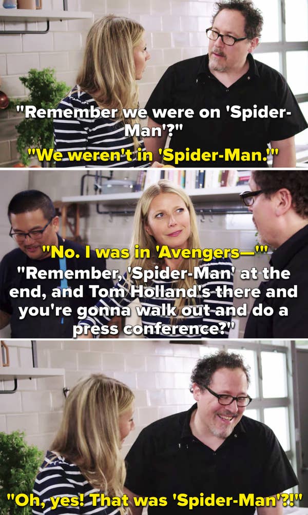 Jon explaining that Gwyneth filmed a press conference scene for Spider-Man and then she remembers