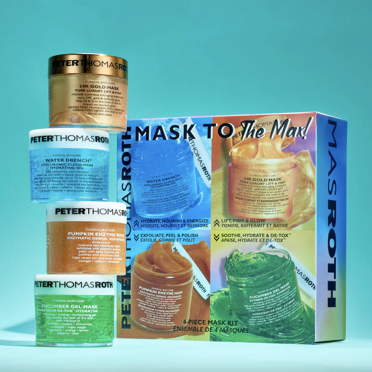 The four masks (green, blue, orange, and gold) next to the box