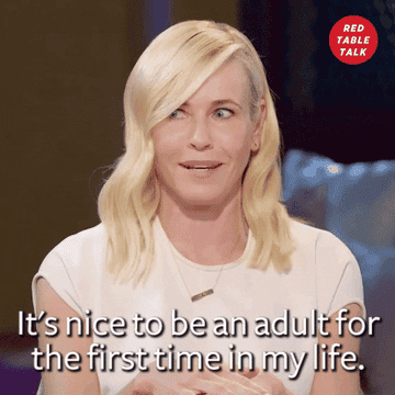 GIF woman speaking text reads it&#x27;s nice to be an adult for the first time in my life