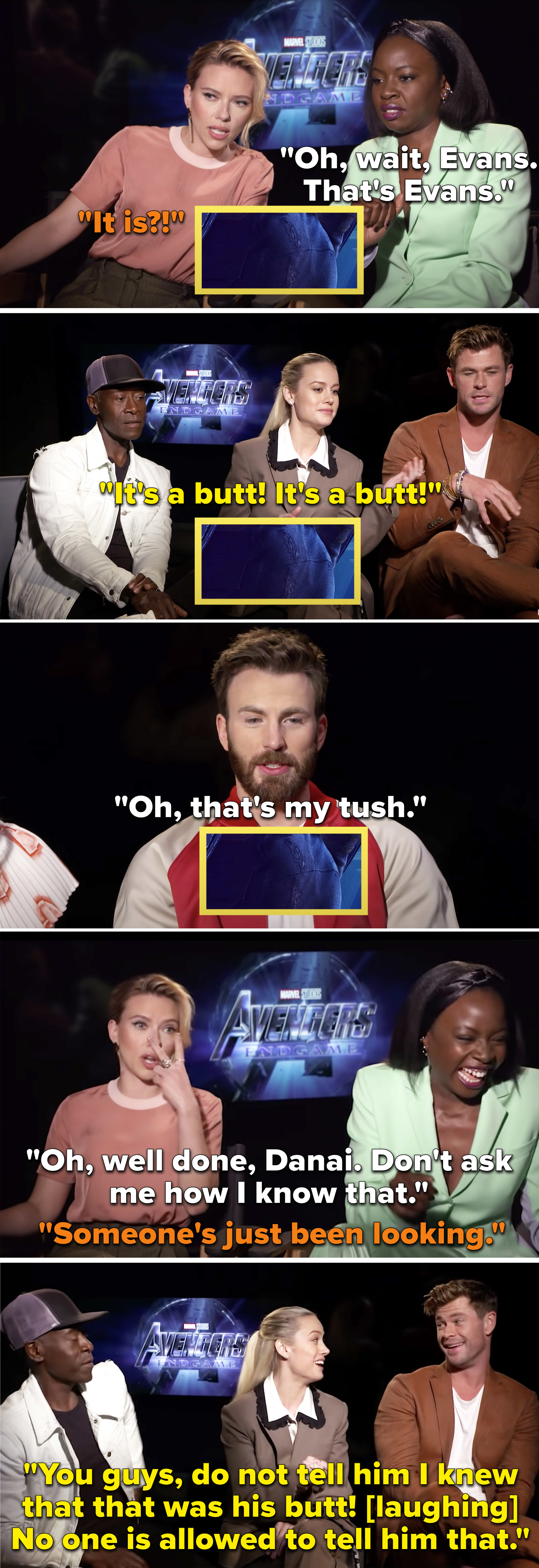 Danai Gurira and Brie Larson knowing it&#x27;s Chris Evans&#x27; butt right away and laughing about it