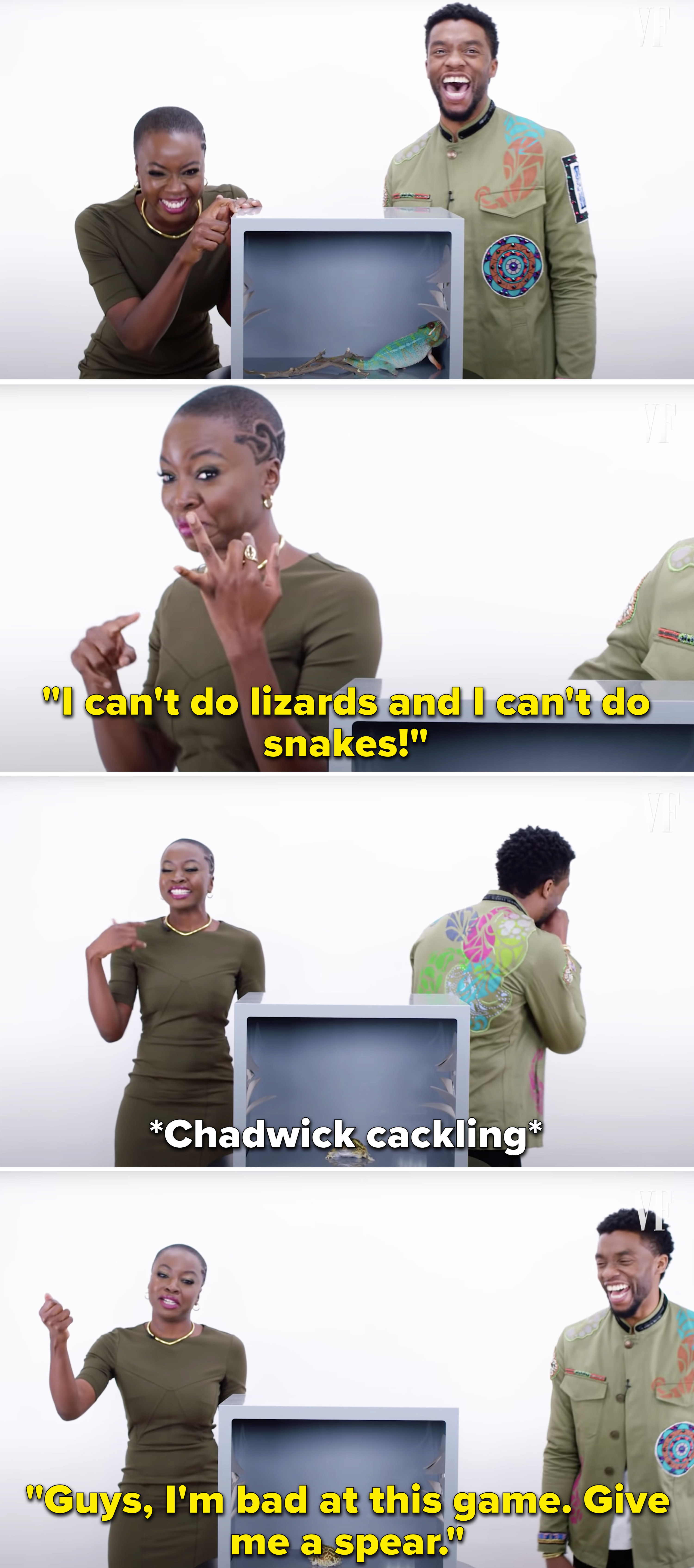 Chadwick laughing while Danai explains she hates lizards and snakes