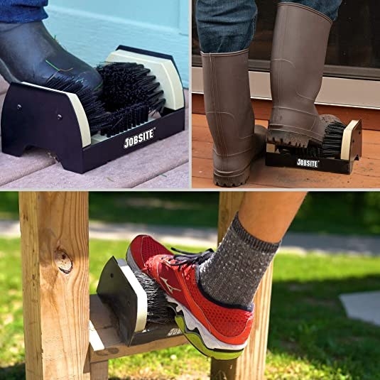 a three-way photo of people using the boot scrubber to clean off different shoes