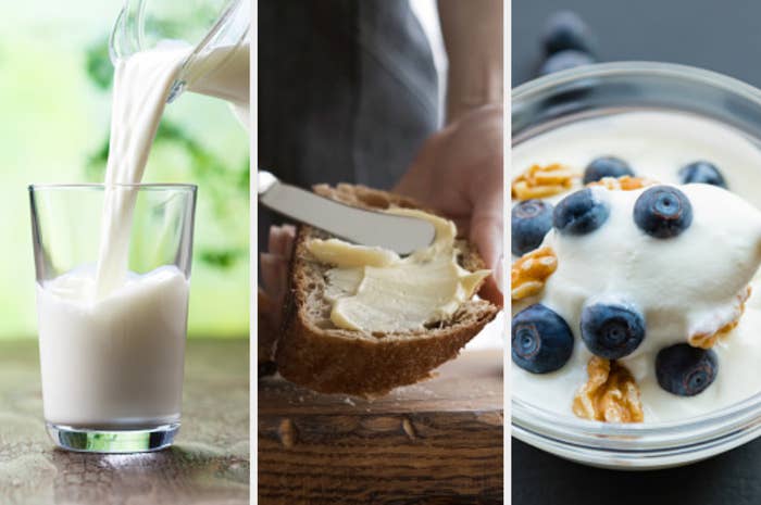 Pictures of a glass of milk, butter being spread on bread, and a bowl of yoghurt with blueberries