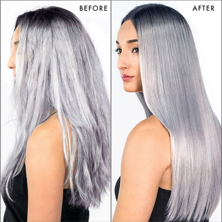 model's before and after of their dyed silver hair looking frizzy and a little poofy compared to it looking sleek and shiny