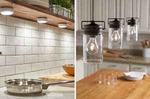 A farmhouse sink on the left and jar pendant lights on the right