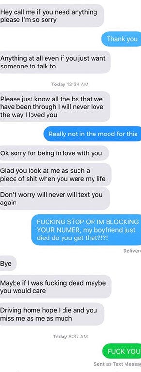 Guy says girl can call if she needs anything and she thanks him then he says he&#x27;ll never love like he loved her and she asks him to stop and he says she looks at him as a piece of shit and she was his life and maybe if he was dead she&#x27;d care