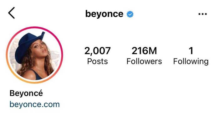 Beyoncé&#x27;s follower count on Instagram showing she has 216 million followers but only follows one account