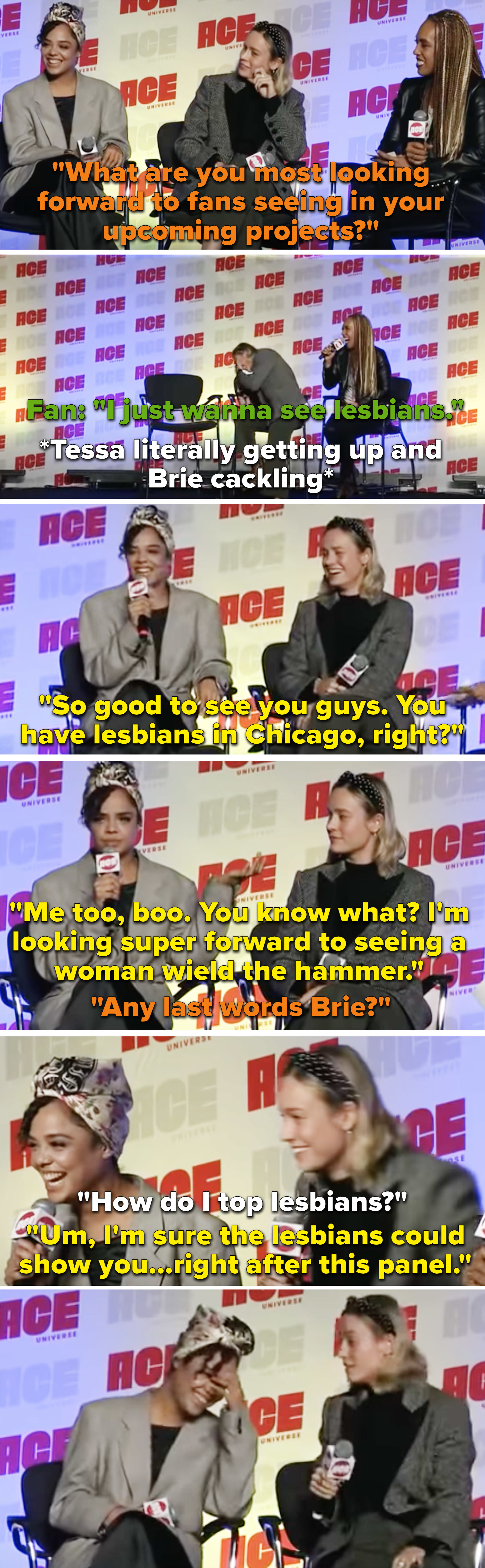 Brie saying &quot;How do I top lesbians?&quot; and Tessa replying, &quot;I&#x27;m sure the lesbians could show you right after this panel&quot;