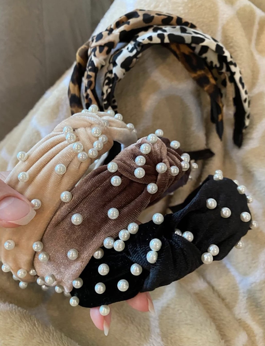 all six headbands in varying designs with pearls and animal print