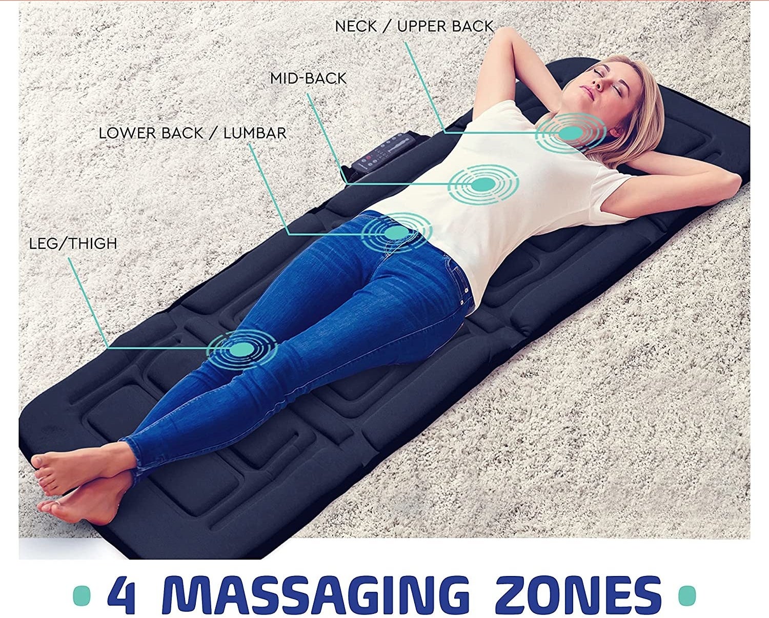 A model lying down on the mat with points showing where the vibrations happen