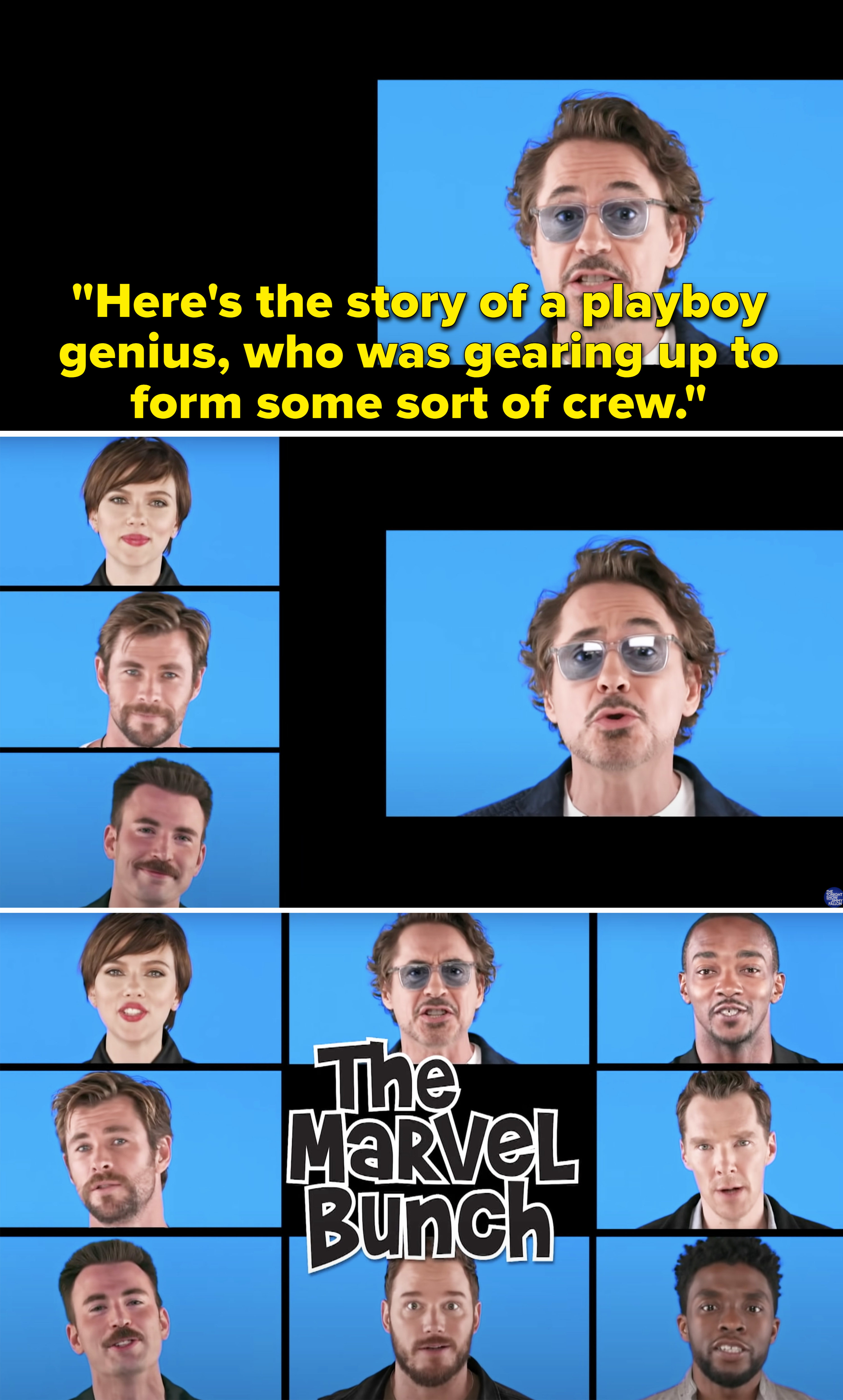 Robert Downey Jr singing, &quot;Here&#x27;s the story of a playboy genius, who was gearing up to form some sort of crew&quot;