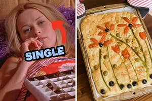 On the left, Elle from Legally Blonde lying on the bed with a box of chocolates with an arrow pointing to her and single typed under her face, and on the right, someone taking some focaccia bread out of the oven