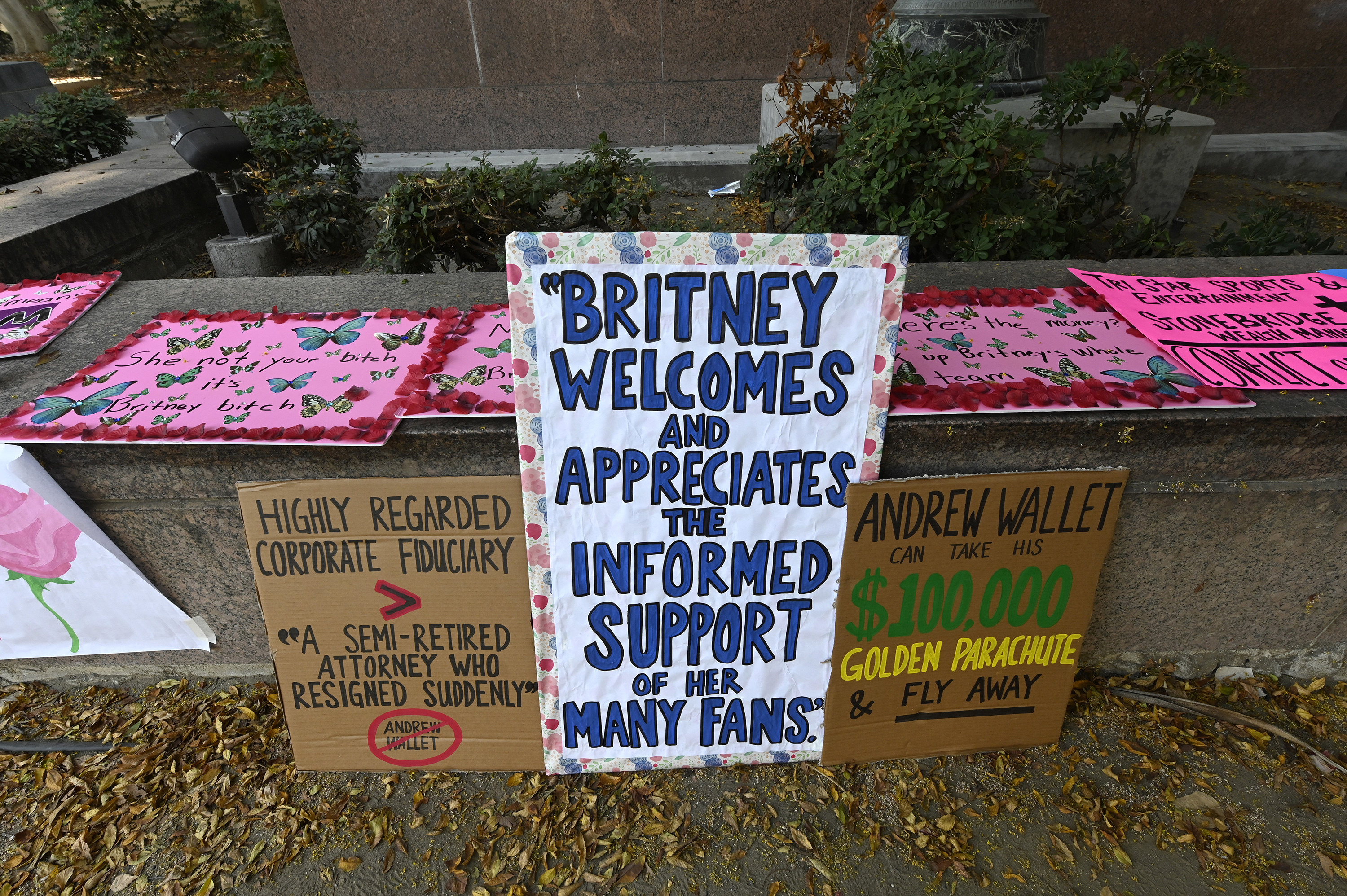 Cardboard signs read &quot;Britney welcomes and appreciates the informed support of her many fans&quot; and &quot;Highly regarded corporate fiduciary &amp;gt; a semi-retired attorney who resigned suddenly&quot;