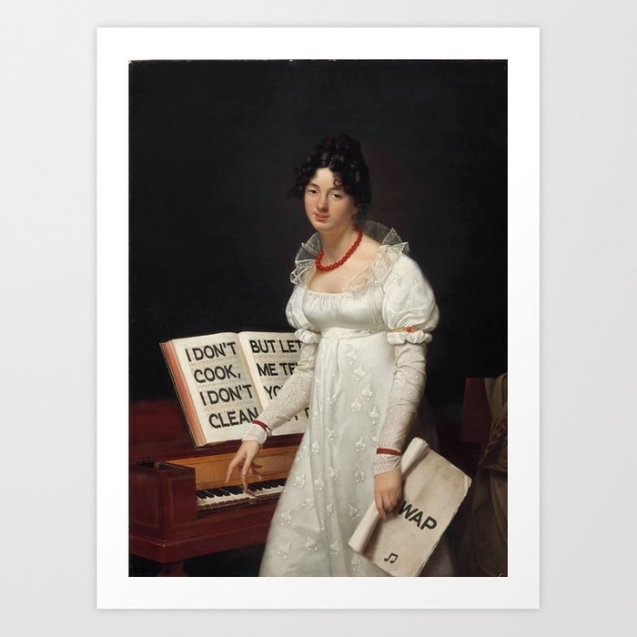 baroque art style painting of a woman with curls and tendrils standing at a piana and holding sheet music for rapper Cardi B&#x27;s song &quot;WAP&quot;