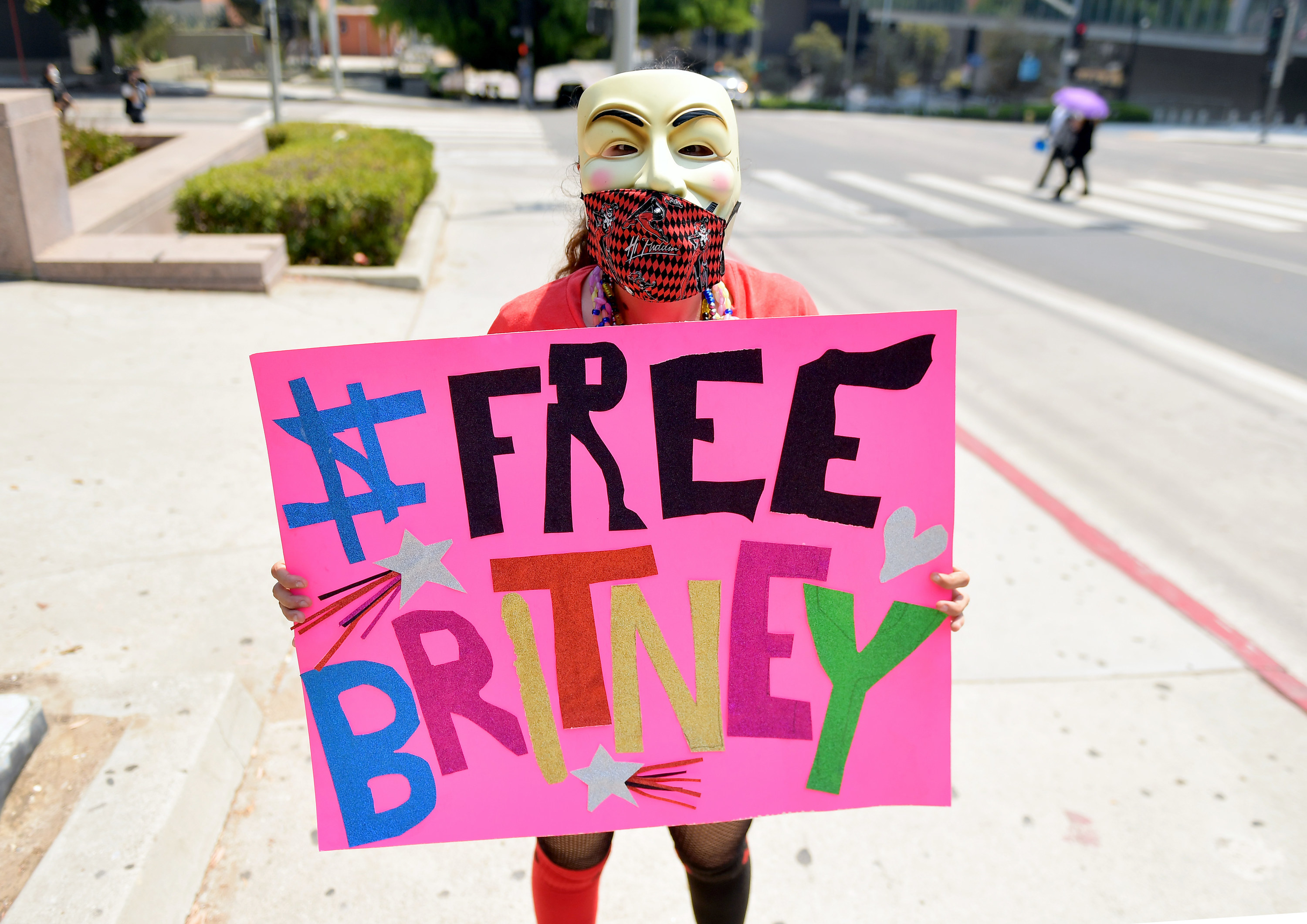 A person wearing a Guy Fawkes mask and face covering holds up a #FreeBritney sign
