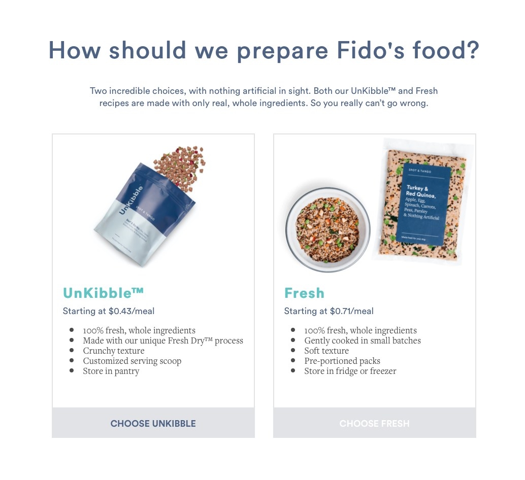 Food prep page: dry kibble or fresh