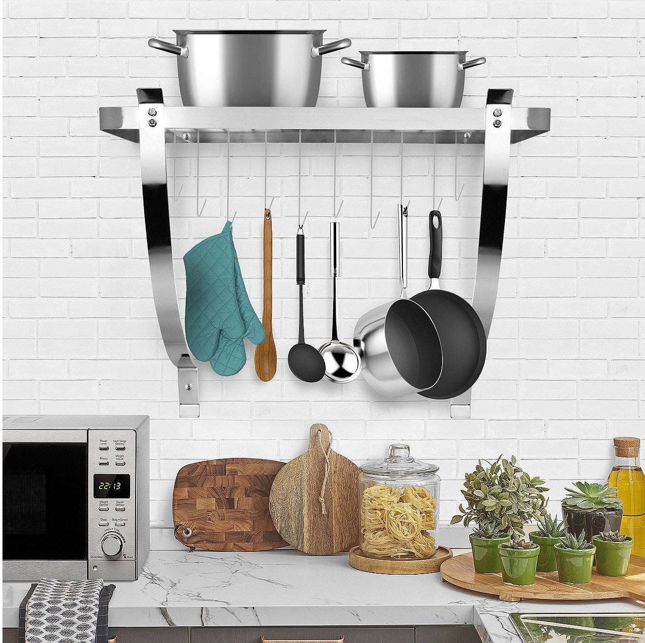 the pot rack hanging above a counter