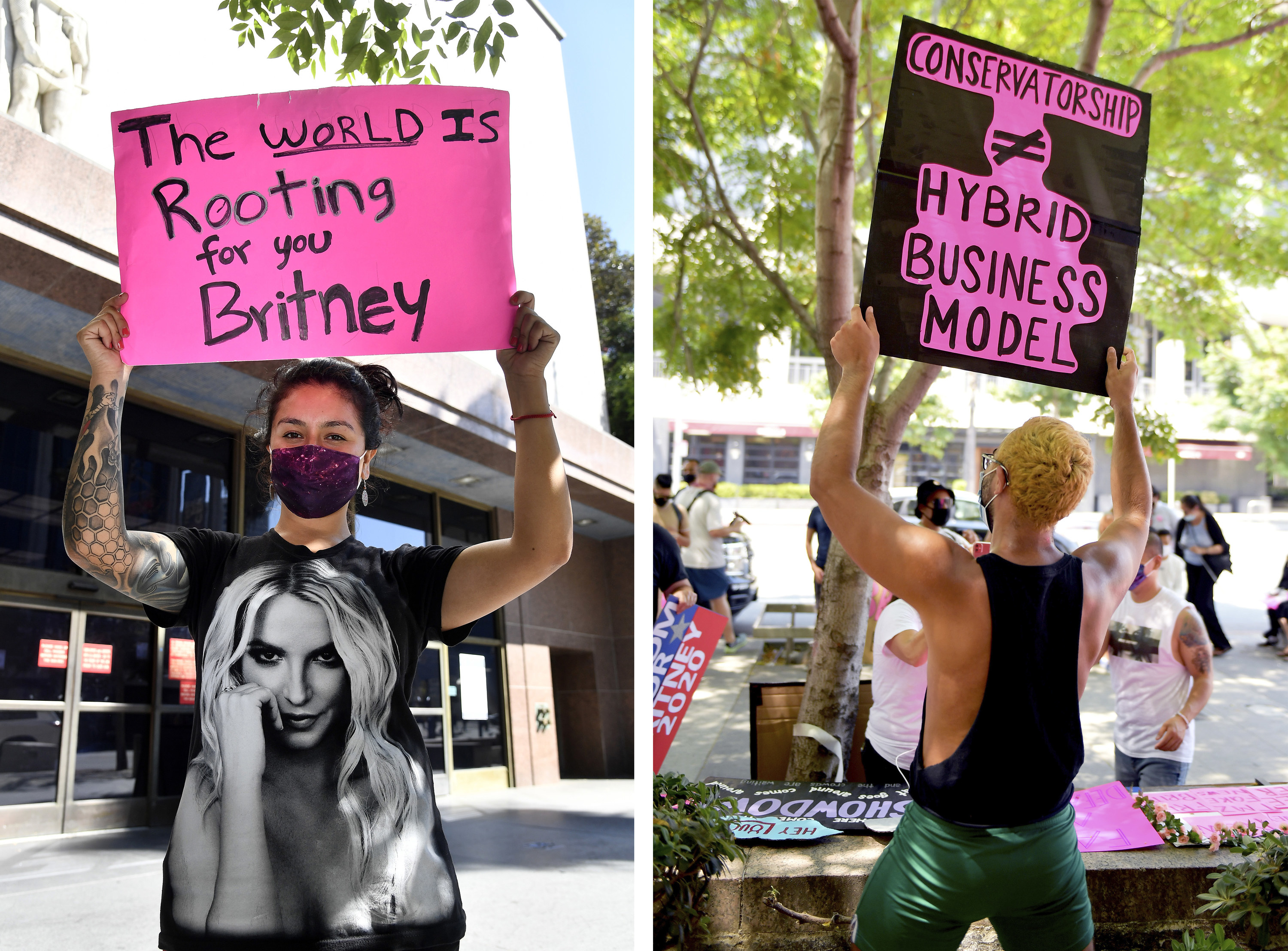 Protesters hold signs that read &quot;the world is rooting for you, britney&quot; and &quot;conservatorship ≠ hybrid business model&quot;