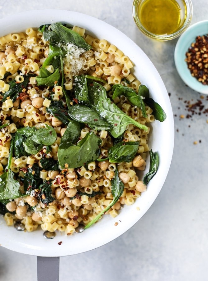 Spinach and chickpea pasta.