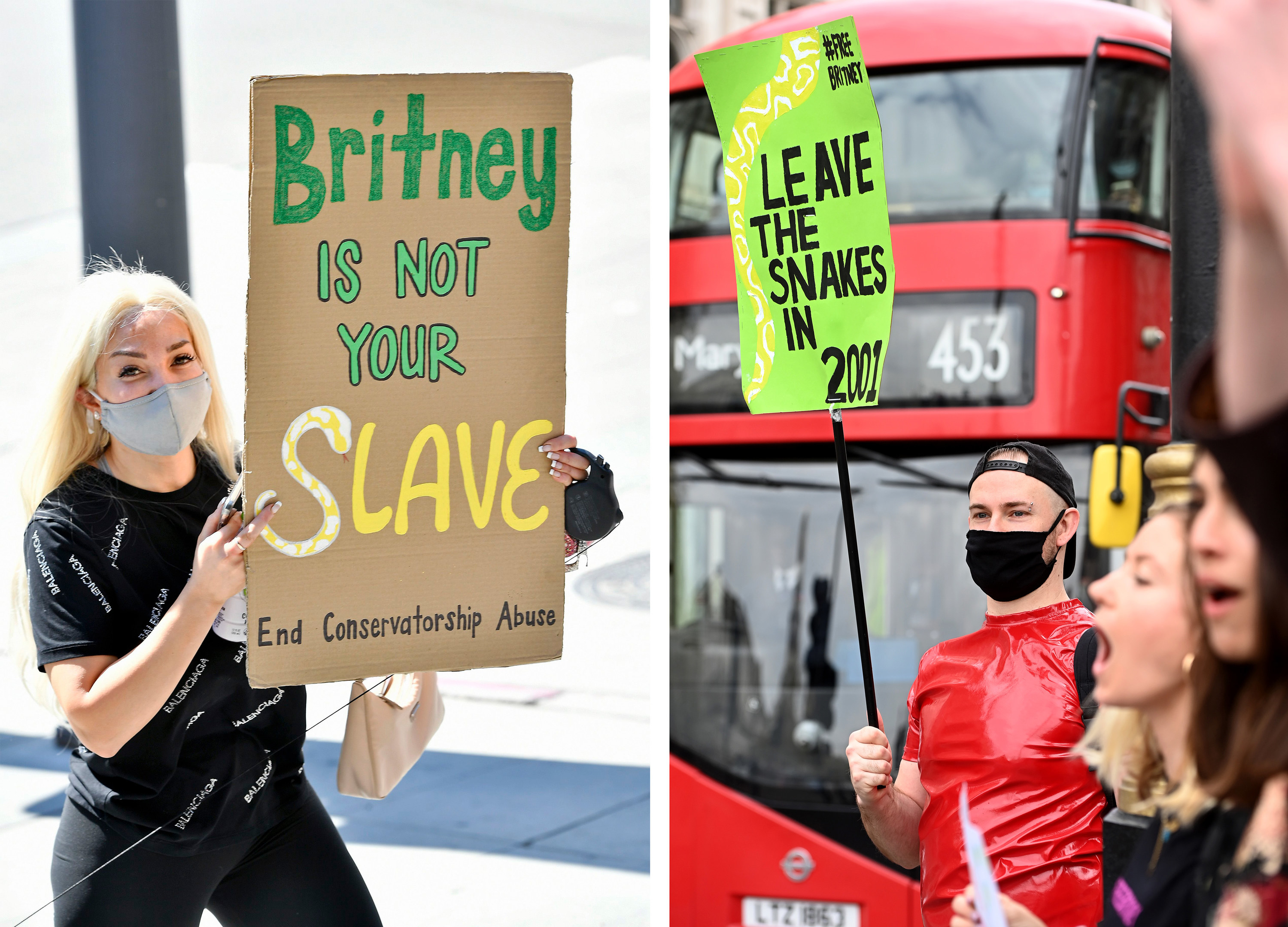 Protesters hold signs that read &quot;Britney is not your slave, end conservatorship abuse&quot; and &quot;Leave the snakes in 2001&quot;
