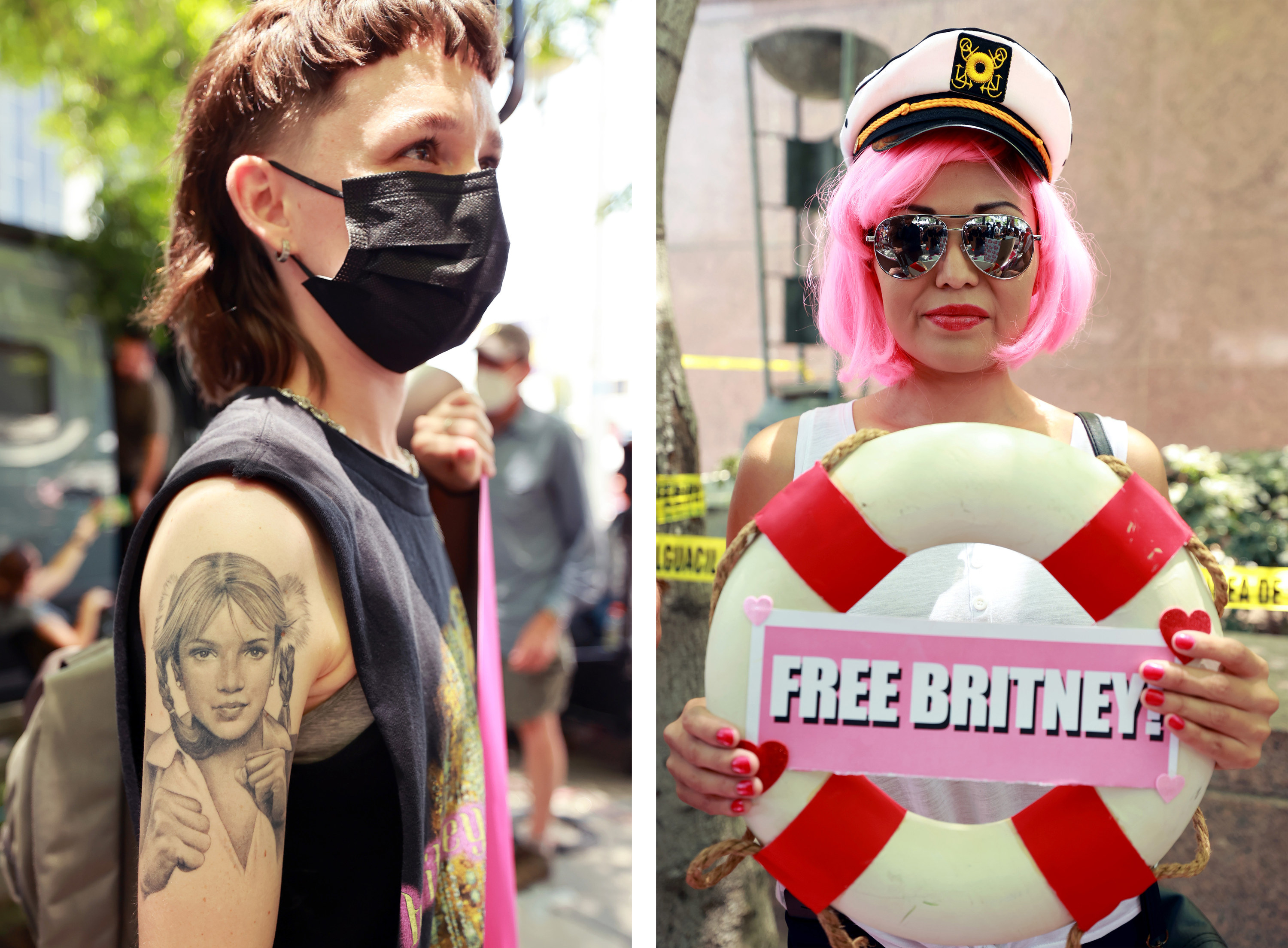 Protesters show off a Britney Spears tattoo and hold a life preserver labeled "Free Britney"
