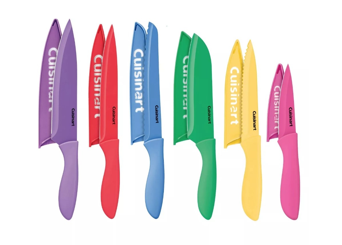 A 12pc multi-color knife set with matching blade guards