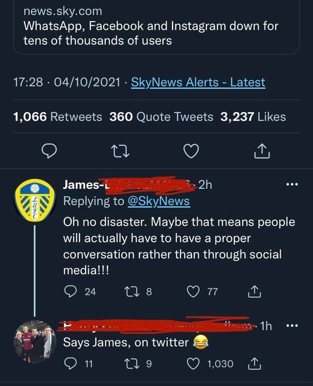 Tweet of someone blasting conversations on social media, and someone responds &quot;Says James, on Twitter&quot;