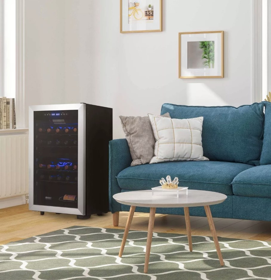 A wine cooler in a living room