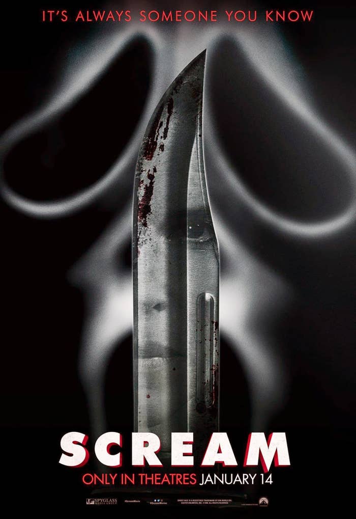 A poster for the film featuring a long bloody knife and Ghostface in the background