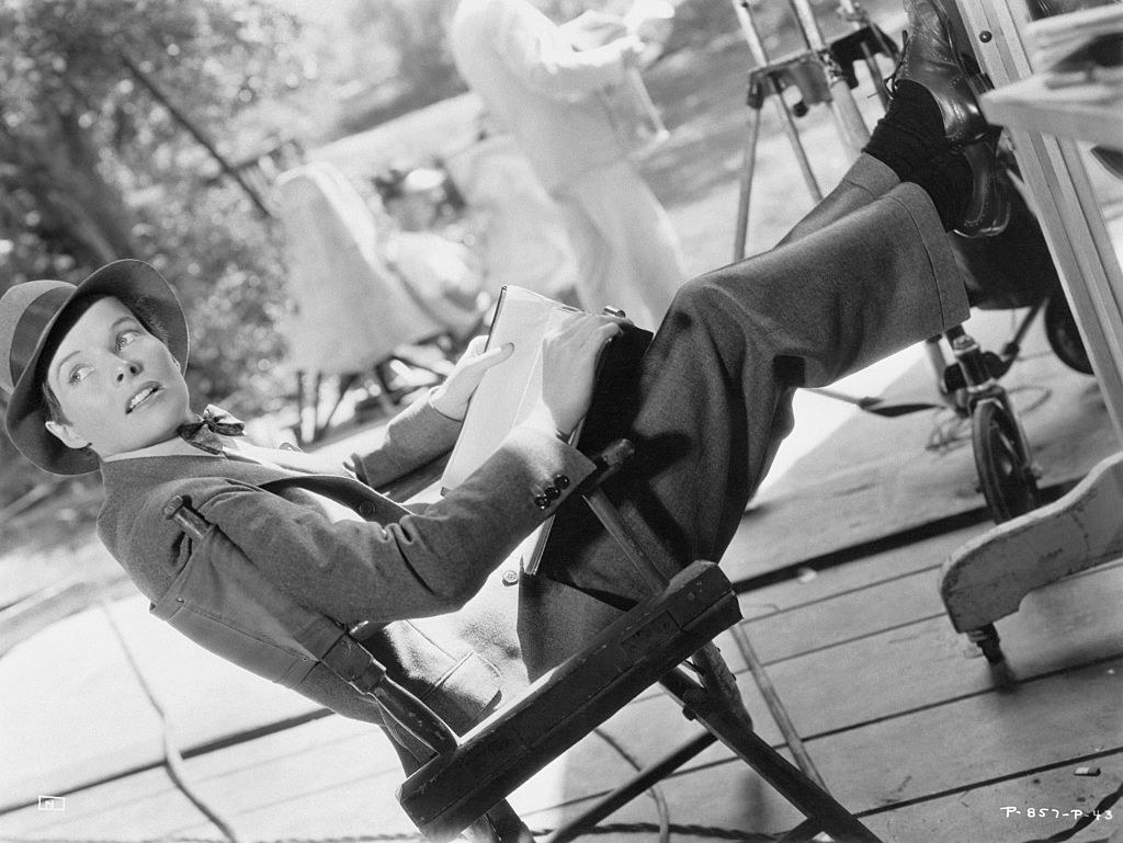 Katharine Hepburn on set looking away from the camera