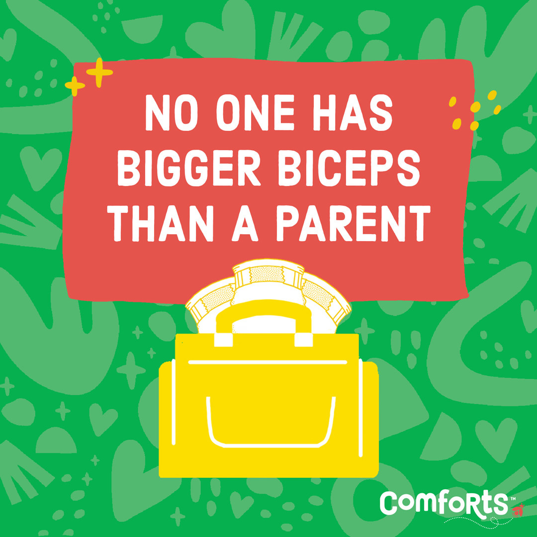 "no one has bigger biceps than a parent" and image of a large diaper bag