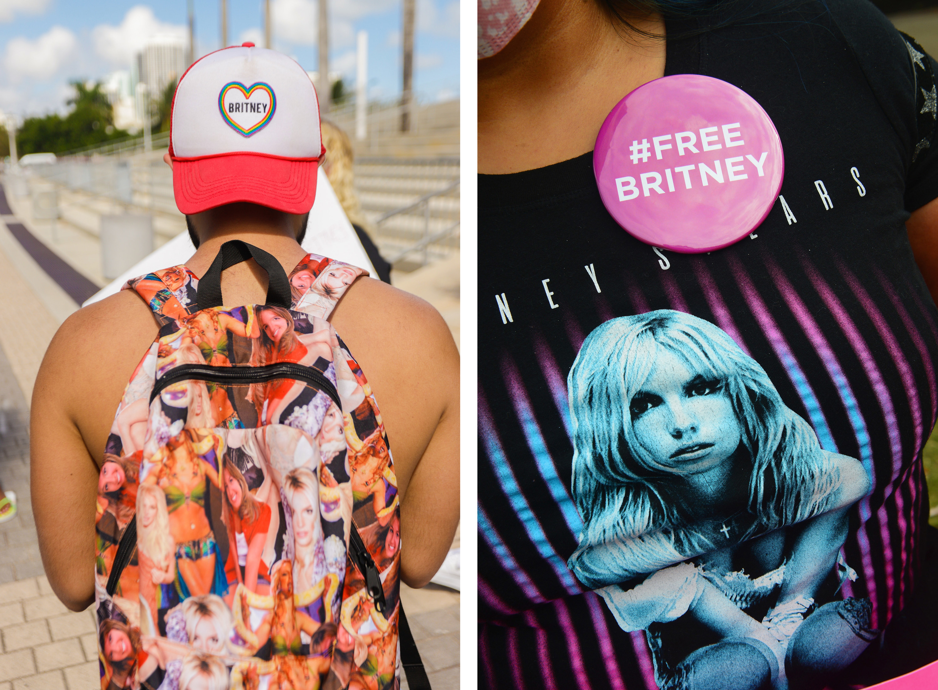 A person wears a backpack featuring a collage of Britney Spears photos, and another person wears a Free Britney pin on a Britney Spears t-shirt