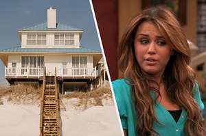 A house on the beach with a long staircase and a close up of Miley Stewart from "Hannah Montana"