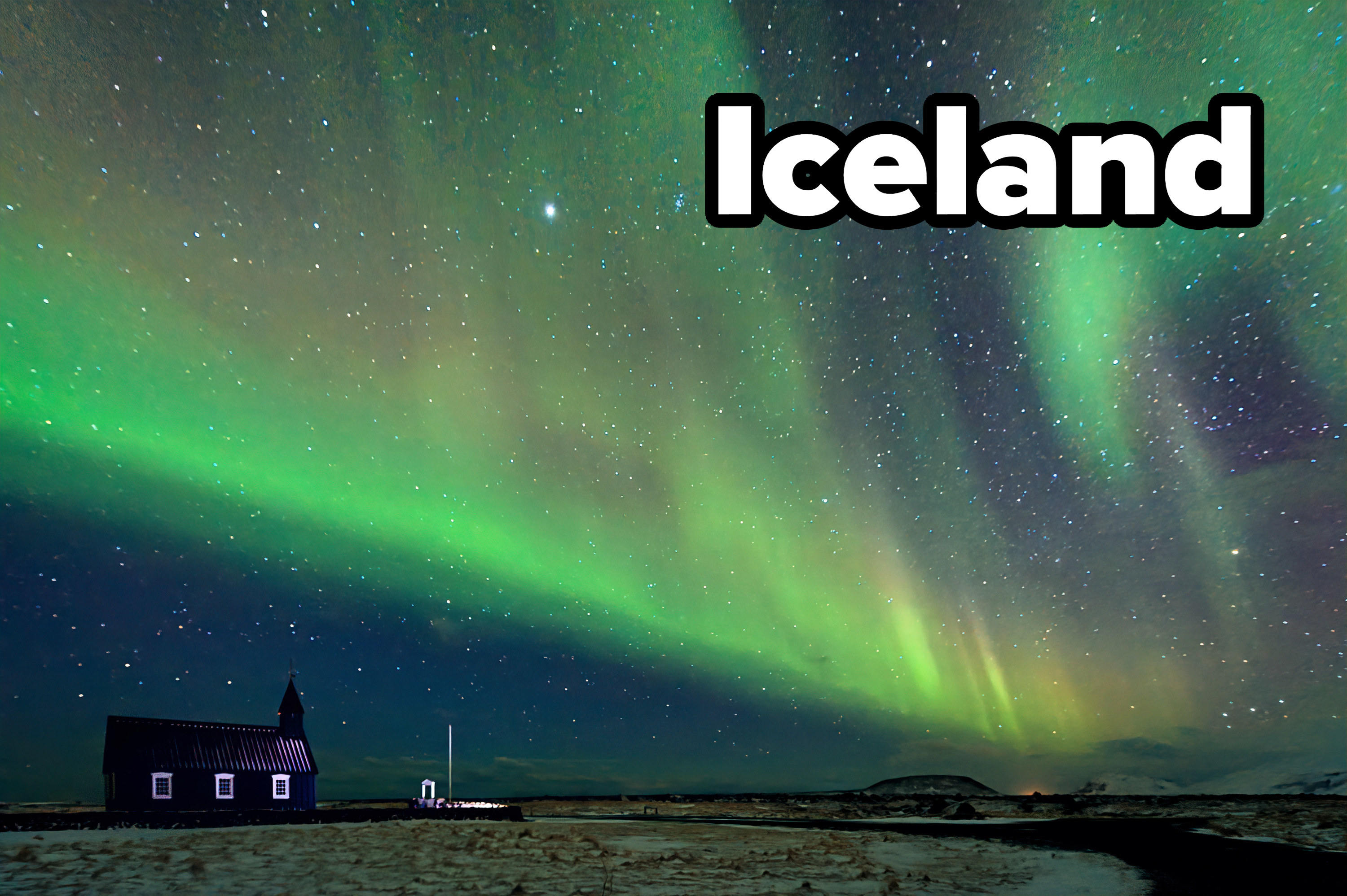 Wintry scene of snow, multi-colored aurora borealis and stars in the night sky over the Black church at Budir on the Snæfellsnes peninsula, Iceland