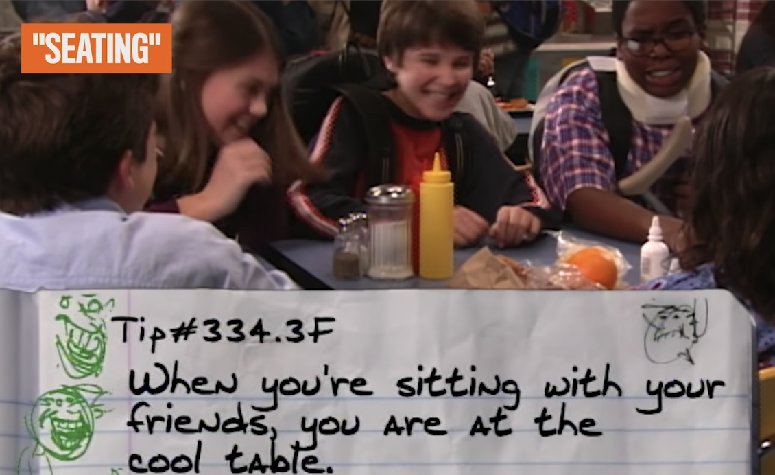 Ned and his friends laughing at their lunch table, with tip: When you&#x27;re sitting with your friends, you are at the cool table