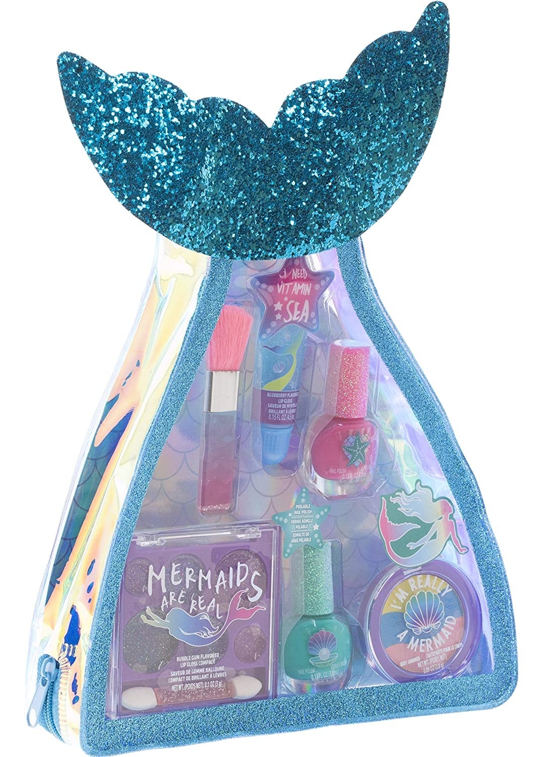 A blue shimmery mermaid shaped makeup set