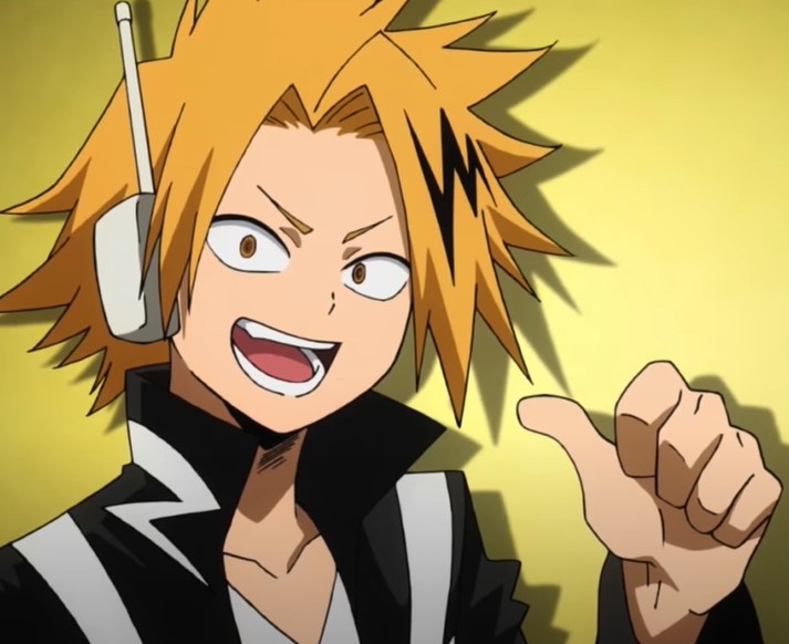 Denki pointing at himself with a thumbs up looking amped up. 