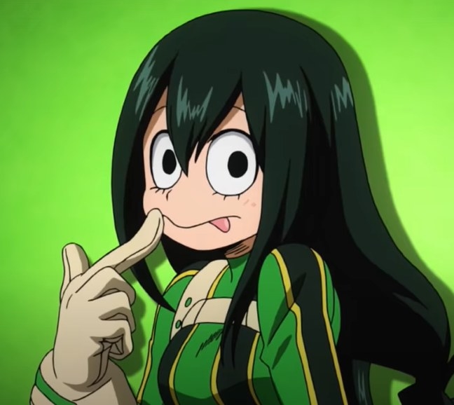 Tsuyu looking innocently into with her tongue slightly out and and a finger on her cheek