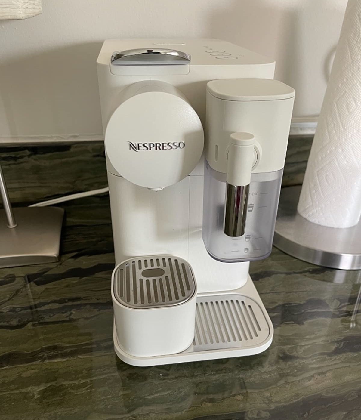 Reviewer photo of the white Nespresso