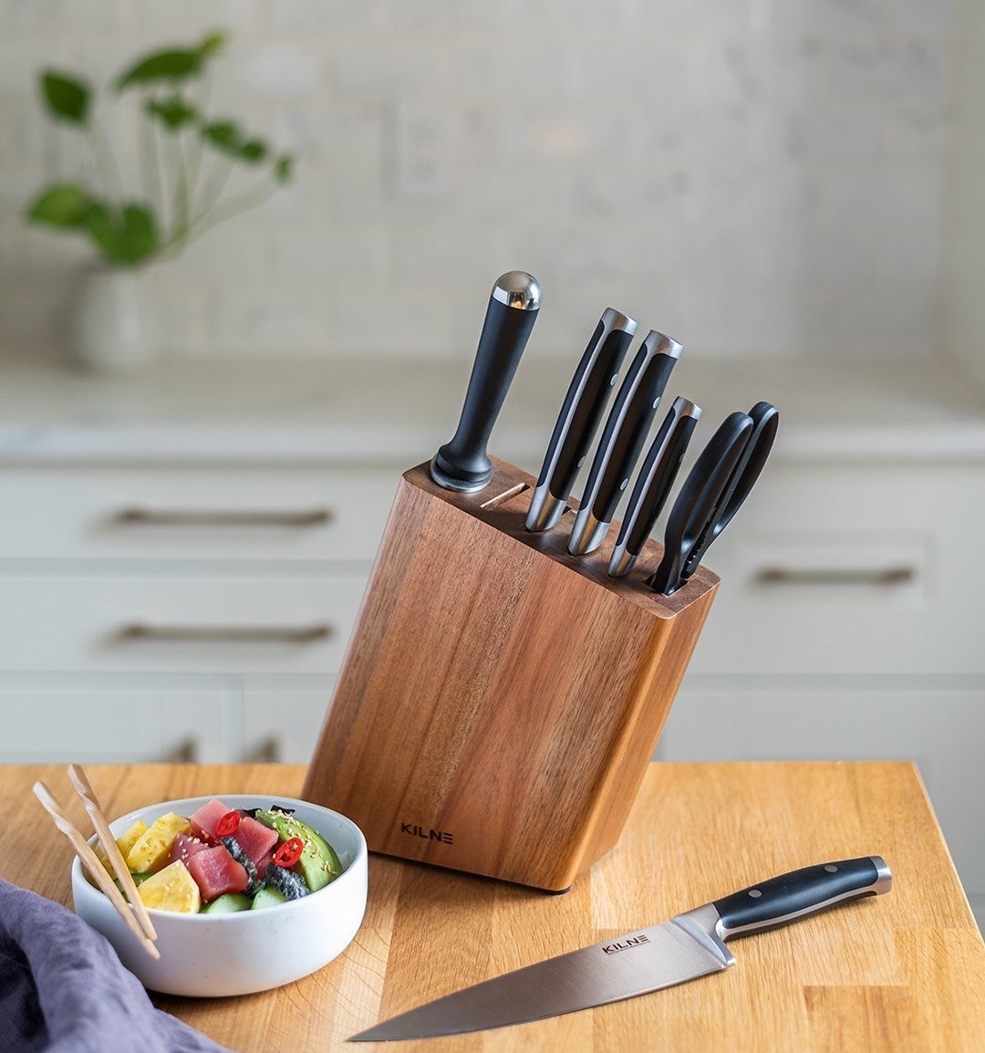 the full knife set in the wooden block