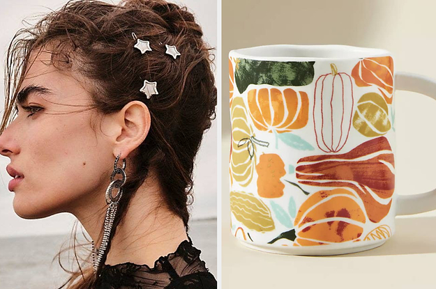 to the left: a model with star clips in her hair, to the right: a mug with water colored pumpkins on it
