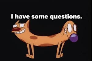Cat dog, a dog and cat that's connected in the middle, with caption: I have some questions