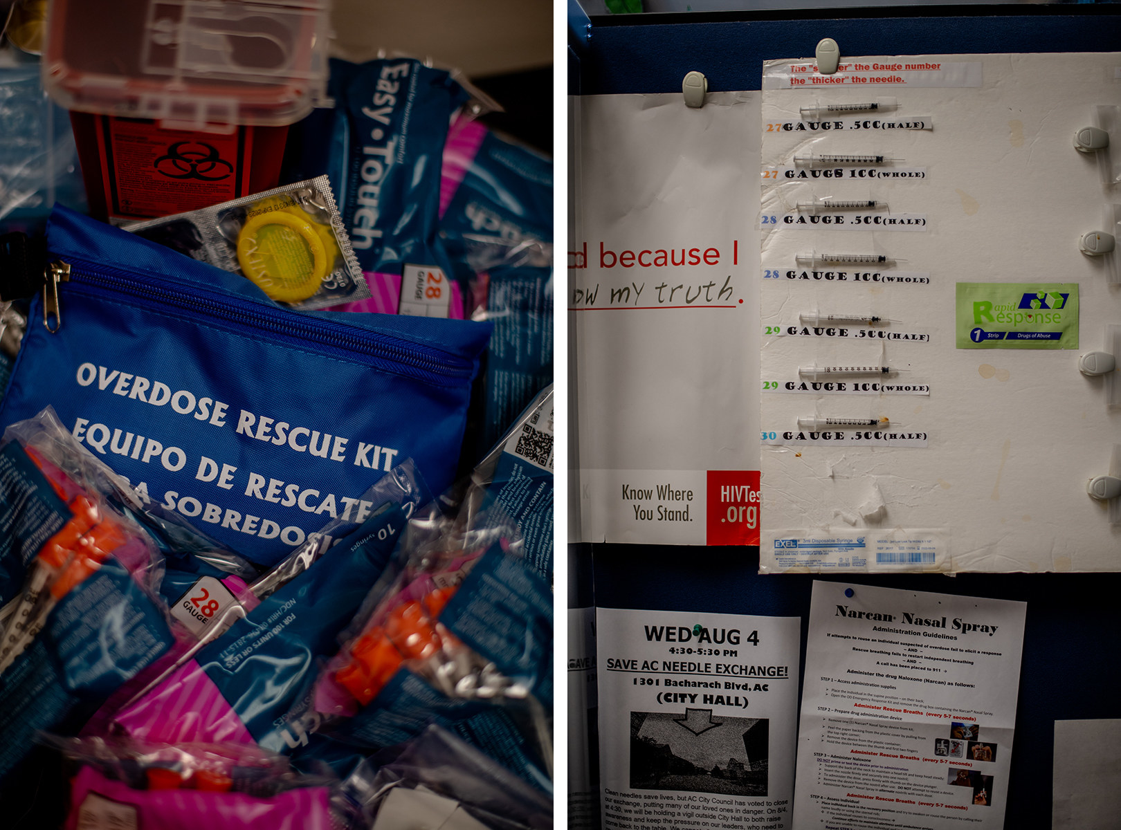 Left, an overdose rescue kit and condoms. Right, a poster with needles and a sign