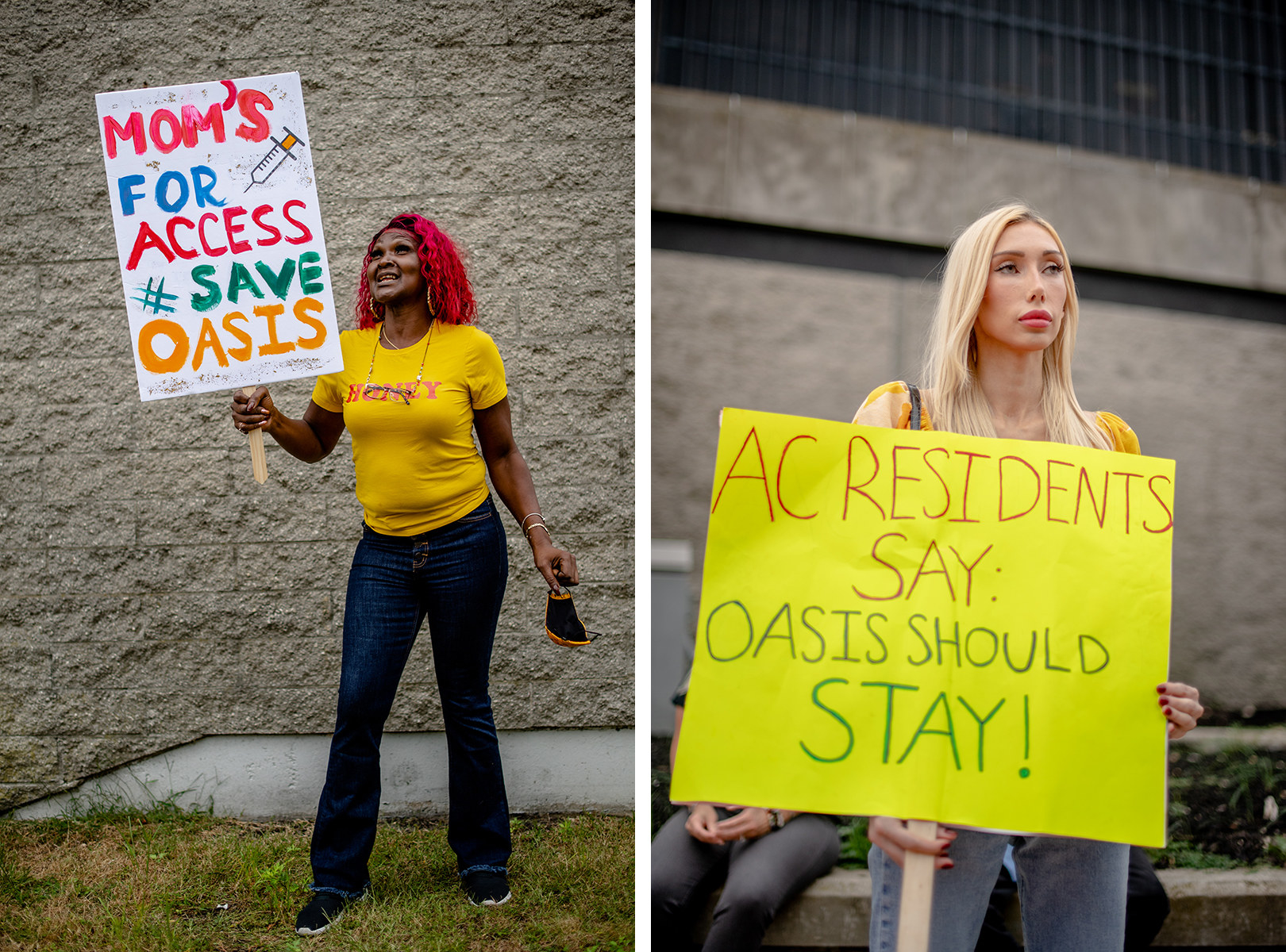 Left, a woman who holds a sign reading &quot;moms for access save oasis&quot;; right, a woman with a sign that reads &quot;AC residents say Oasis should stay&quot;