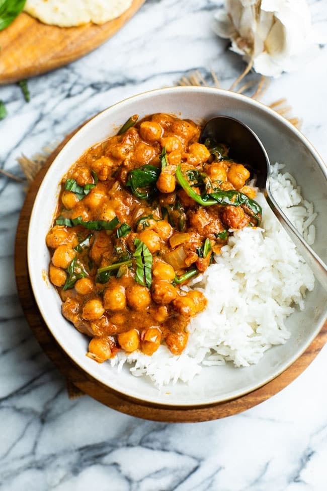 Chickpea tomato curry over rice.