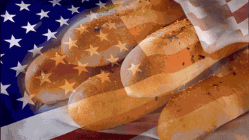 Olive Garden breadsticks superimposed on top of an American flag, to suggest their &quot;patriotism&quot;