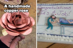 A handmade copper rose and a cake that says "Congrats, it's a job"