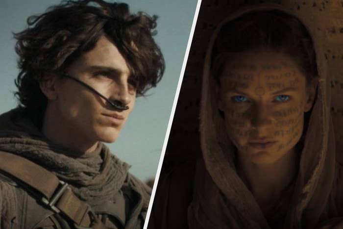 Paul and Jessica in stillsuits in &quot;Dune&quot;/Jessica with Fremen symbols painted on her face in &quot;Dune&quot;