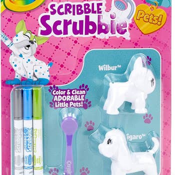 The coloring set with blank toys, a scrub brush, and markers